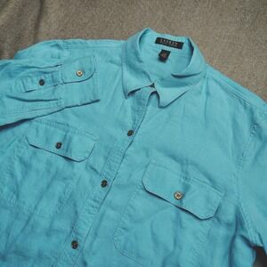 Lauren Ralph Lauren Womens Turquoise Linen Button Up Roll Tab Sleeve Shirt L